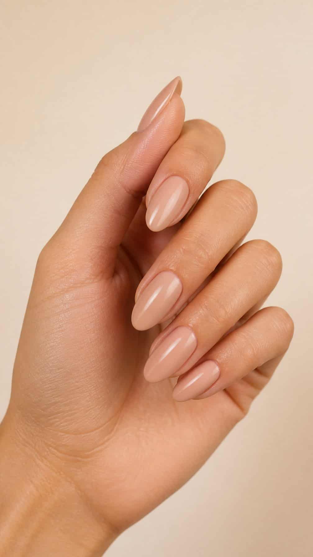 A close-up of a hand with neatly shaped almond nails painted a warm nude-beige color.