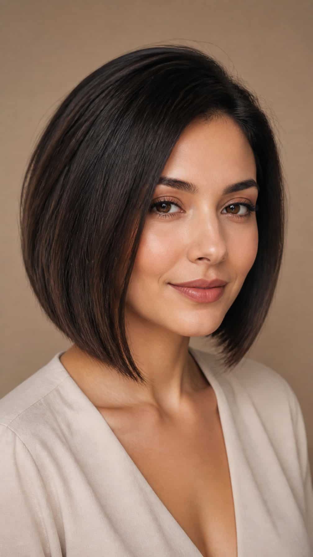 Woman with a sleek angled bob haircut posing against a neutral background.