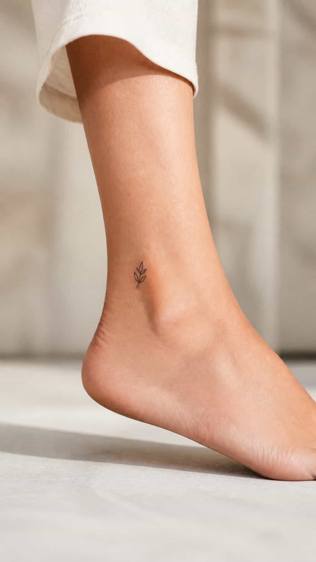 Close-up of an ankle with a small minimalist tattoo near the ankle bone.