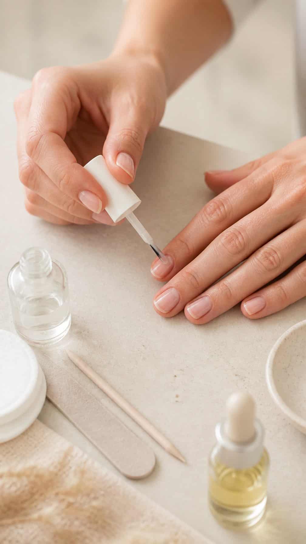 Hands applying a clear coat to short natural nails beside simple manicure tools.