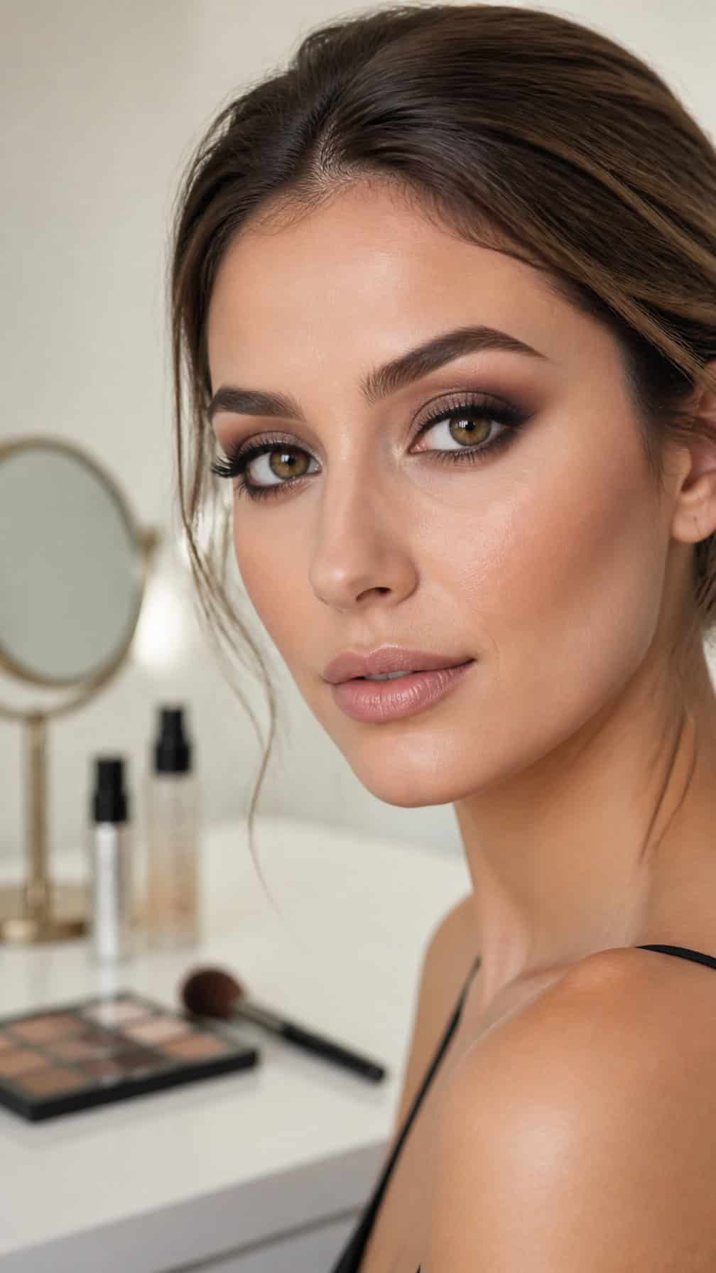 Close-up portrait of a woman wearing softly blended smokey eye makeup beside makeup tools.