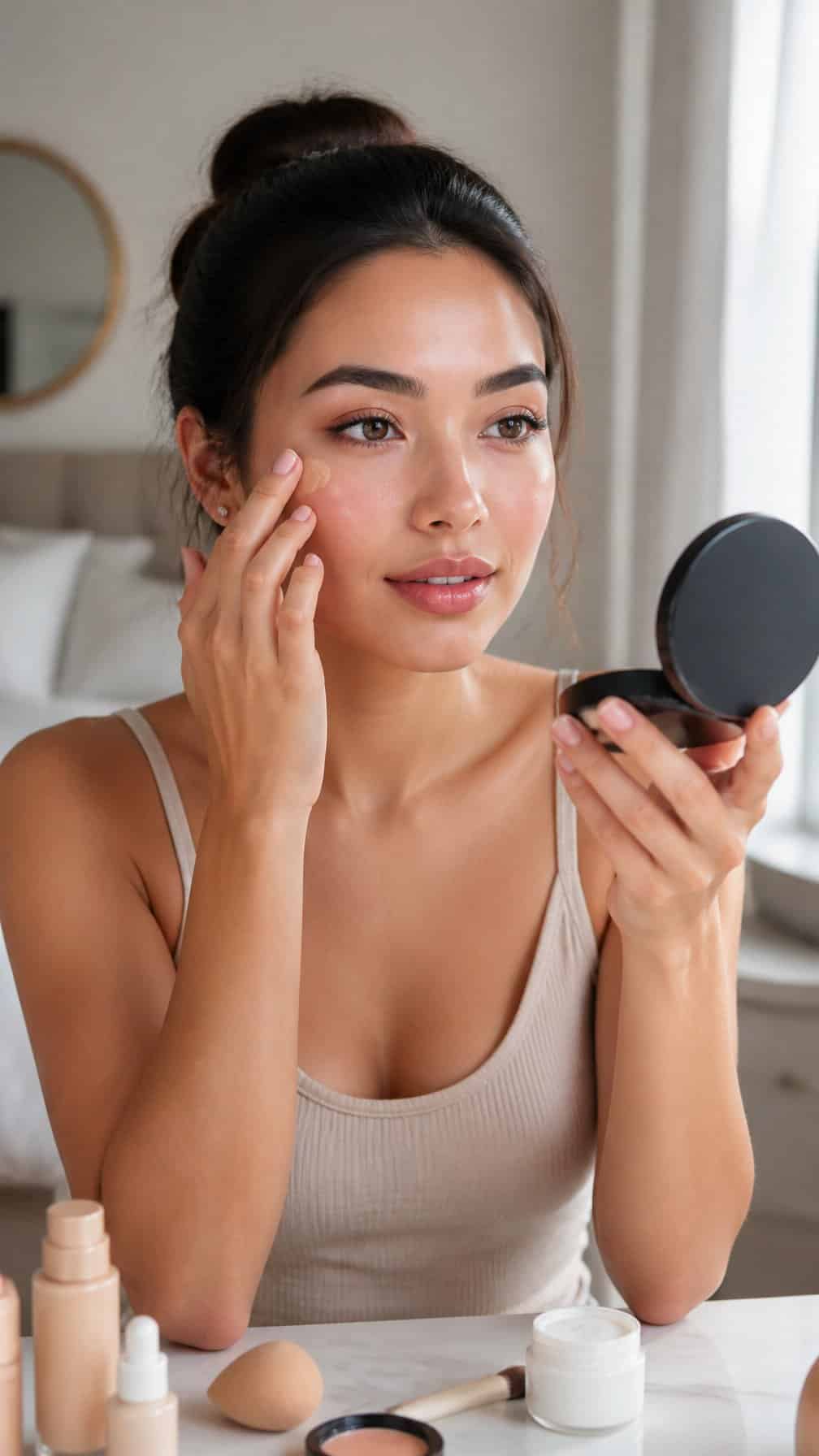 A woman applies natural makeup at a bright vanity while looking into a handheld mirror.