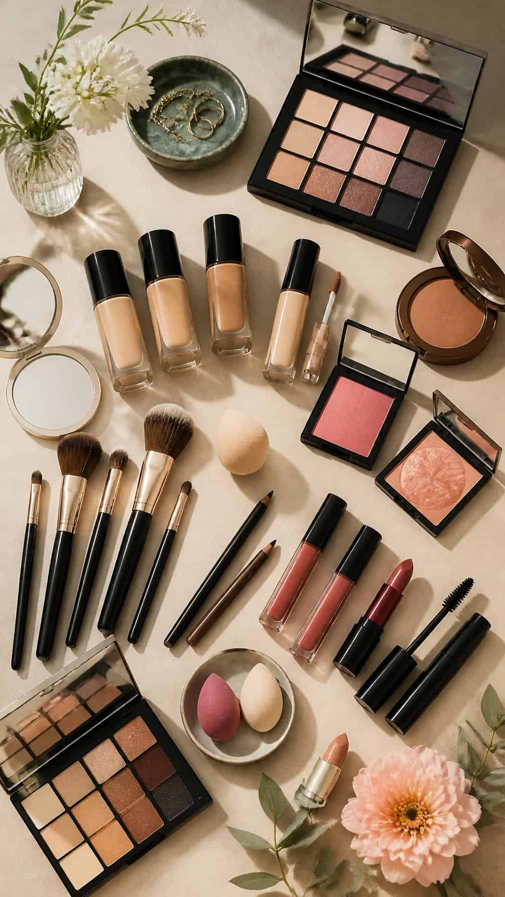An assortment of makeup products and brushes arranged on a neutral surface.