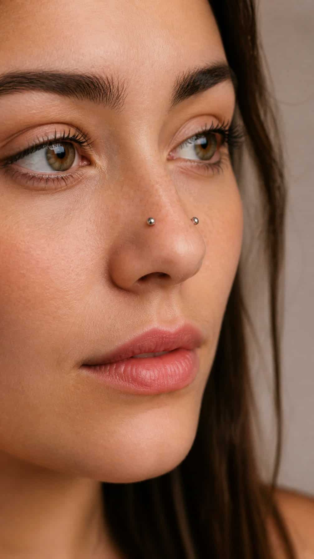 Close-up of a person showing two small studs placed horizontally across the upper bridge of the nose.