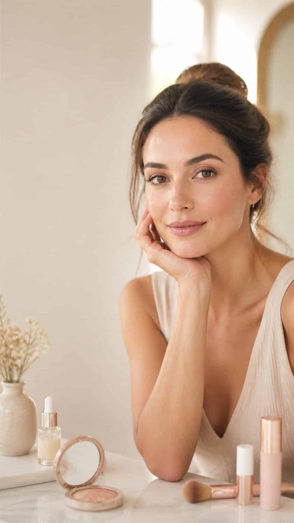 Woman wearing natural makeup and smiling beside a softly lit vanity.