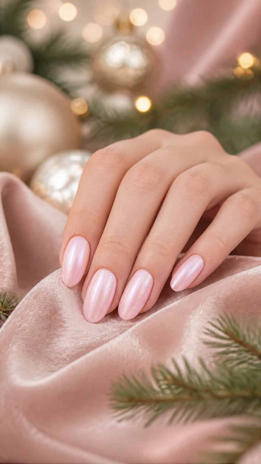 A hand with baby pink velvet nails resting on a pale pink velvet surface beside soft holiday decorations.