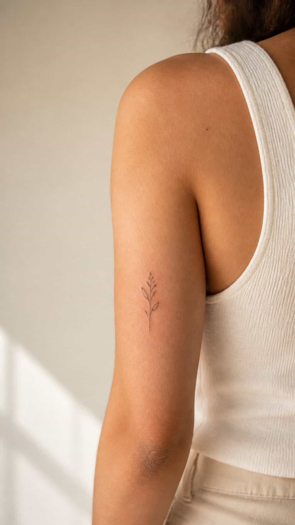 The back of an upper arm with a small minimalist tattoo placed discreetly near the shoulder.