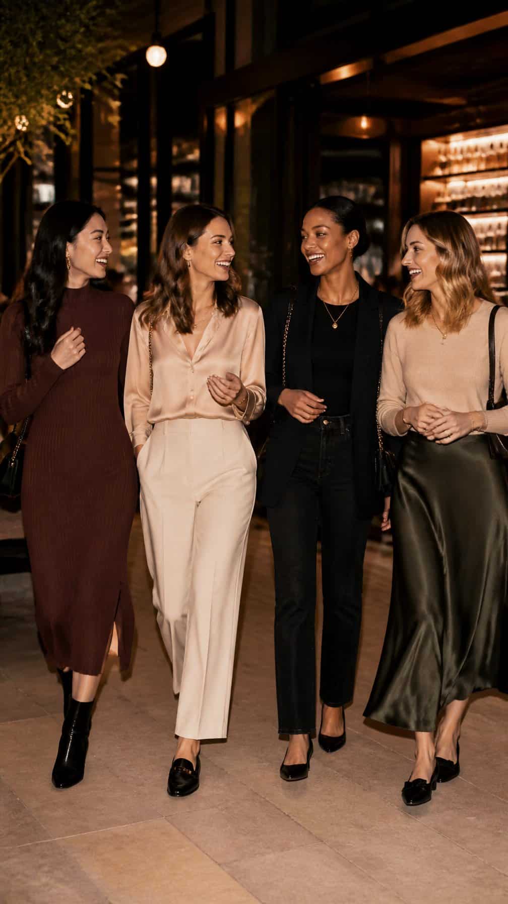Four women in stylish comfortable outfits laugh together during a night out at a restaurant.