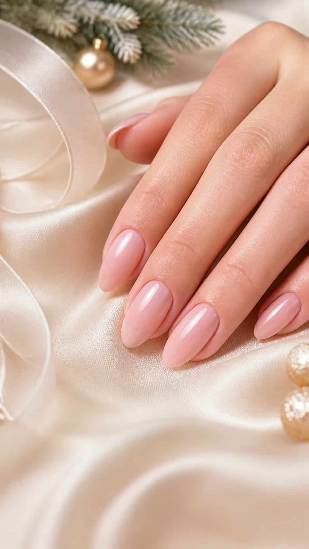 A hand with glossy ballet slipper pink manicured nails resting beside subtle holiday decorations.