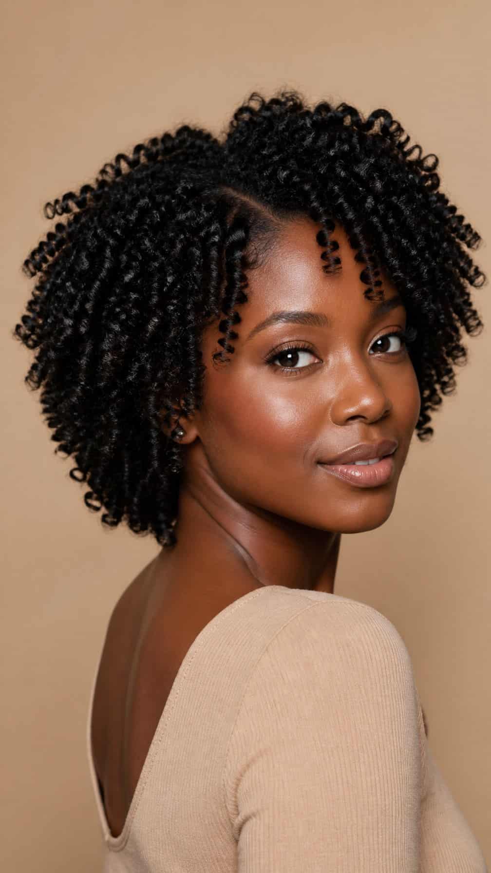 A woman with defined compact natural curls from a Bantu knot-out hairstyle.