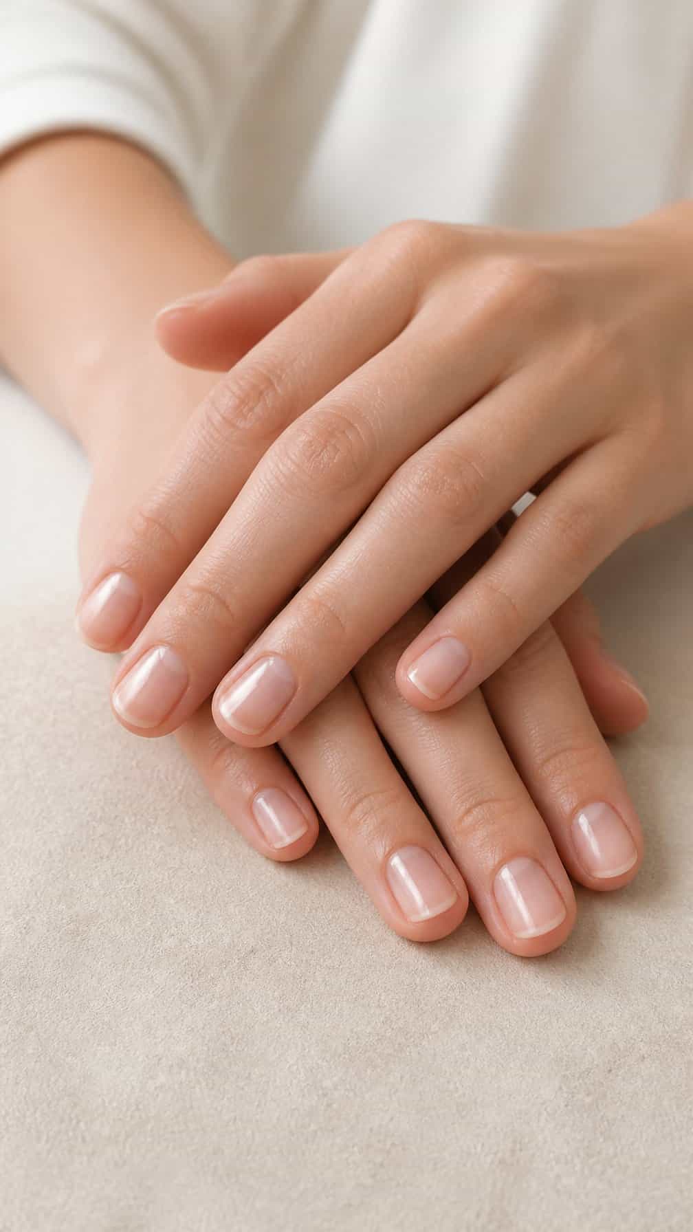 Close-up of well-groomed hands with natural nails and glossy clear tips resting on a neutral surface.