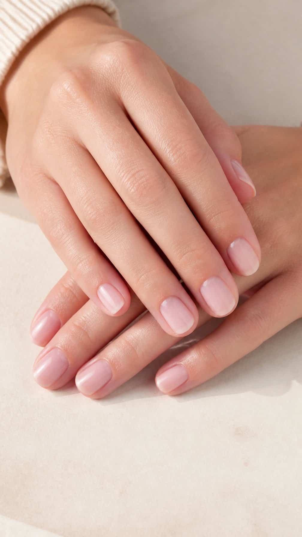 A person's hands with short nails painted a sheer blush pink resting on a light surface.