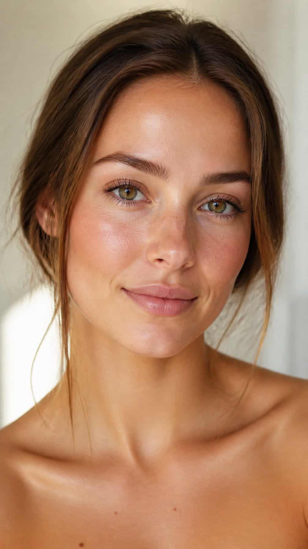 Woman wearing subtle everyday makeup with softly defined eyes and brown mascara.