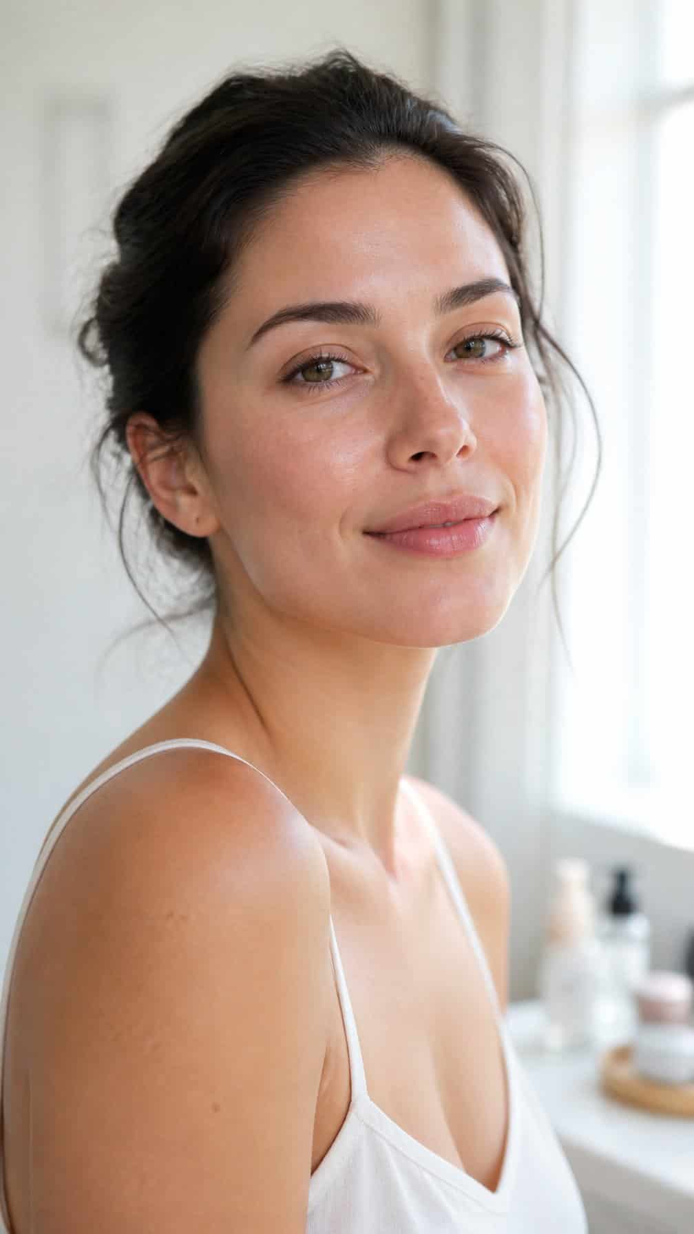 Woman with natural makeup and tinted balm standing in soft morning light.