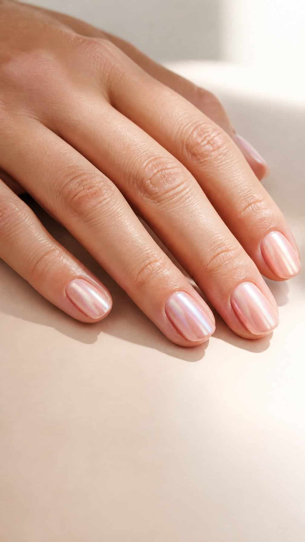 A close-up of a hand with short, softly rounded nails painted sheer pale pink with a subtle chrome sheen.
