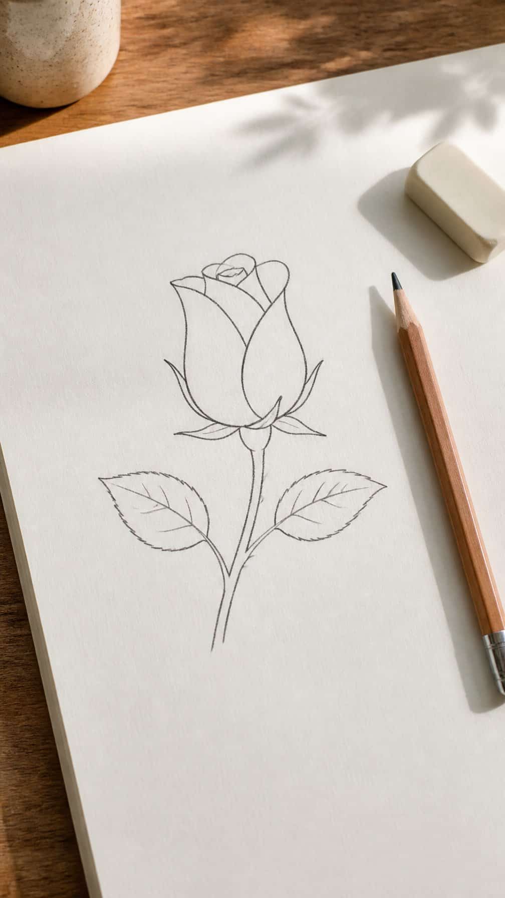 A simple pencil drawing of a rosebud on paper with a pencil and eraser nearby.