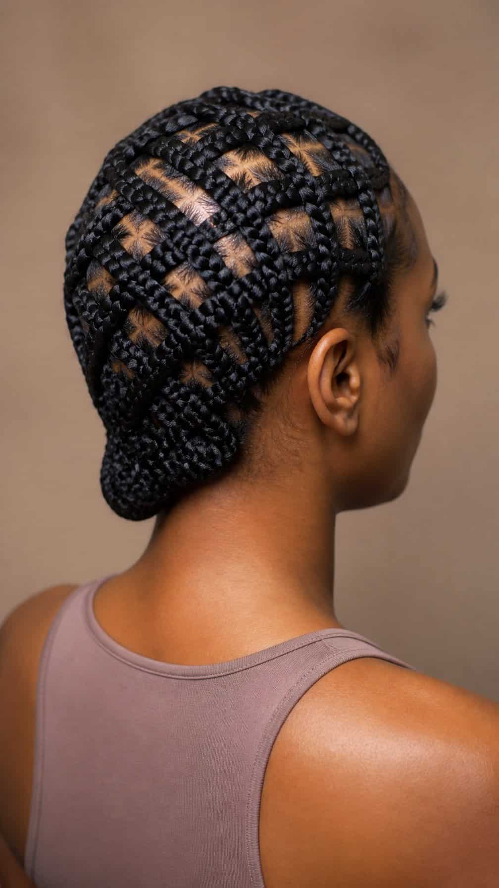 A woman is shown from behind with her hair neatly braided.