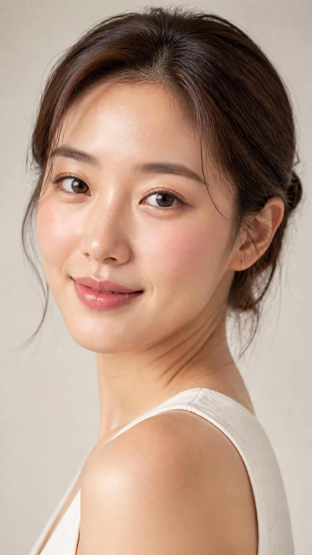 Woman wearing natural everyday makeup with rosy blush and a softly glowing complexion.
