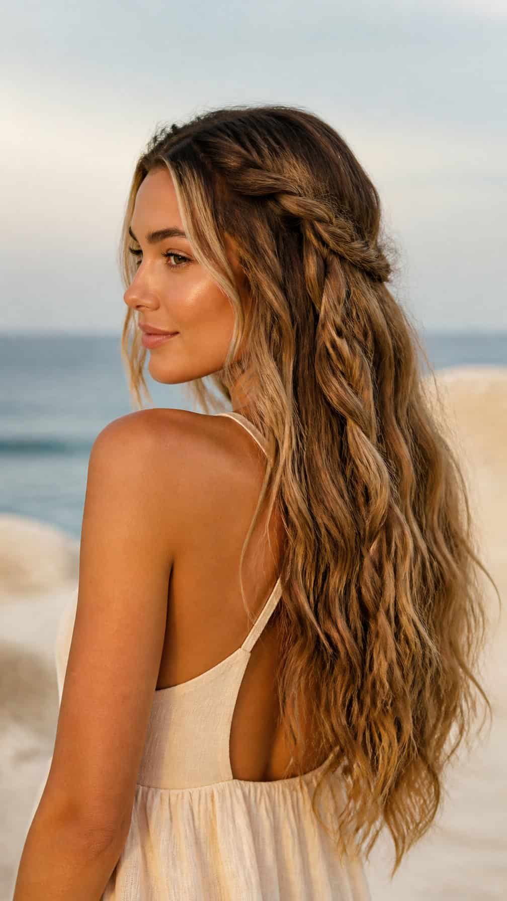 Woman with long beachy waves and a small side braid.