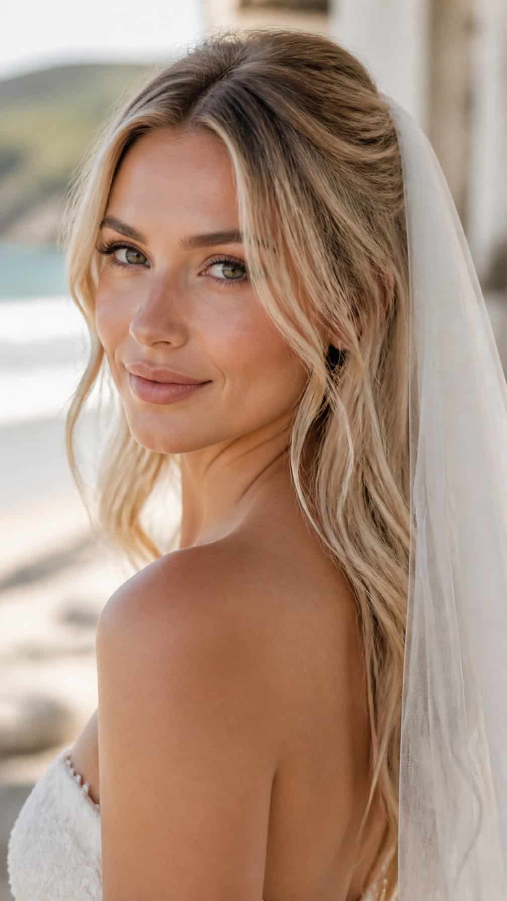 Bride wearing loose beachy waves and a simple veil.
