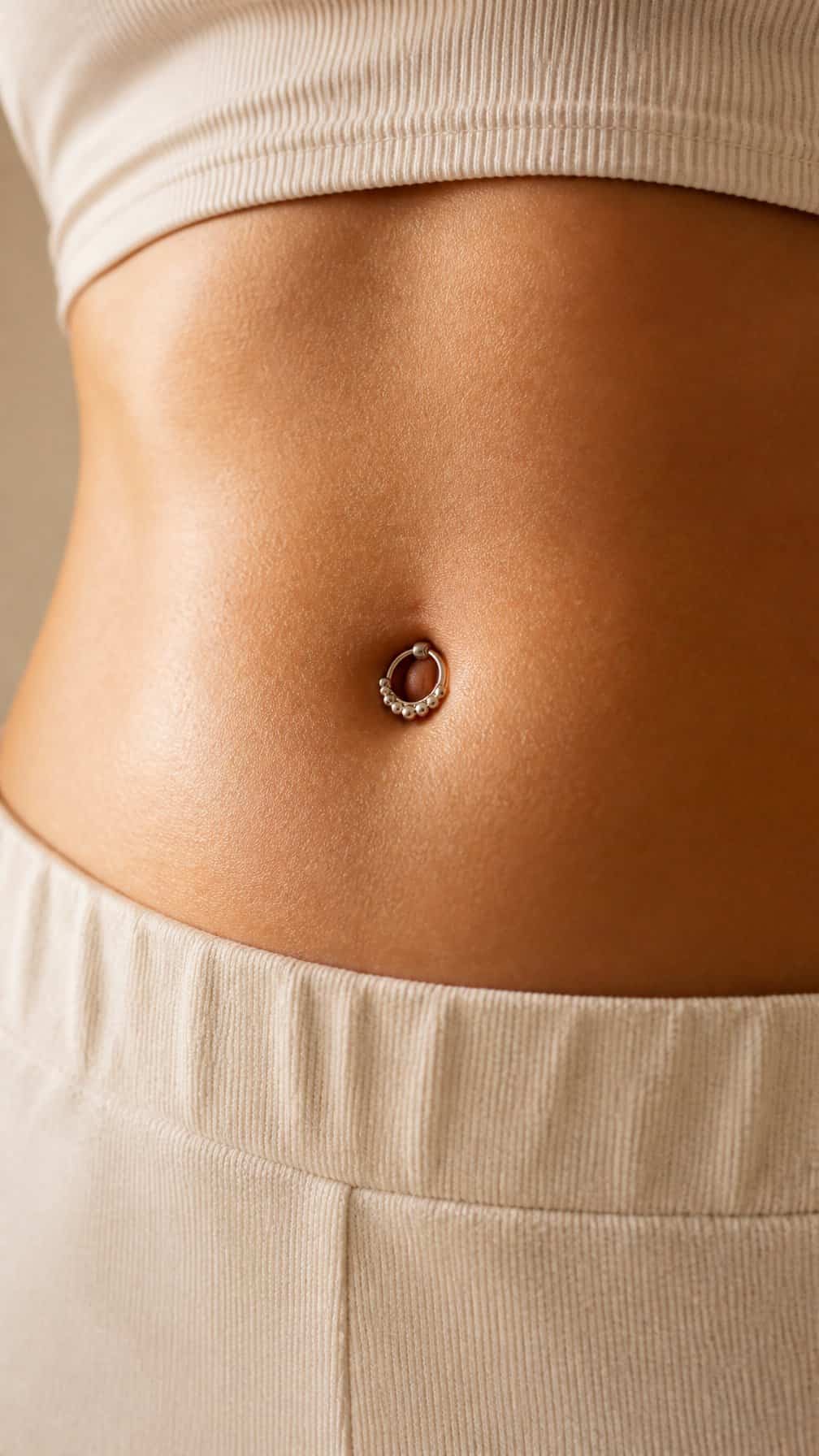 Close-up of a beaded clicker hoop piercing in a person’s belly button.