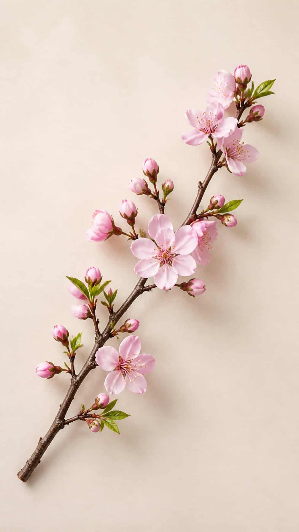 A cherry blossom branch with pink flowers, buds, and a few green leaves on a light background.