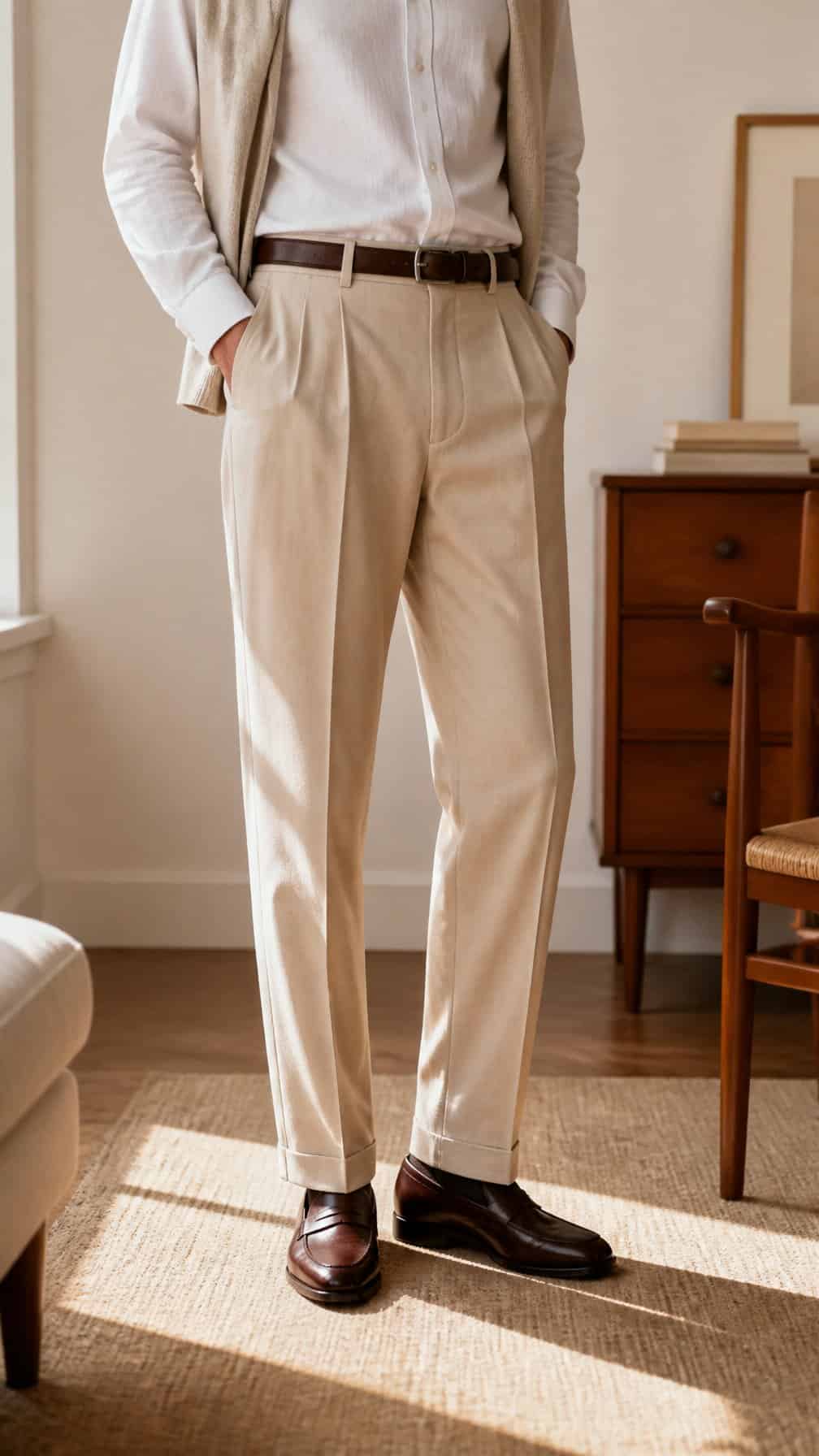 A person wearing tailored beige pleated trousers with a white shirt and brown loafers in a bright neutral room.