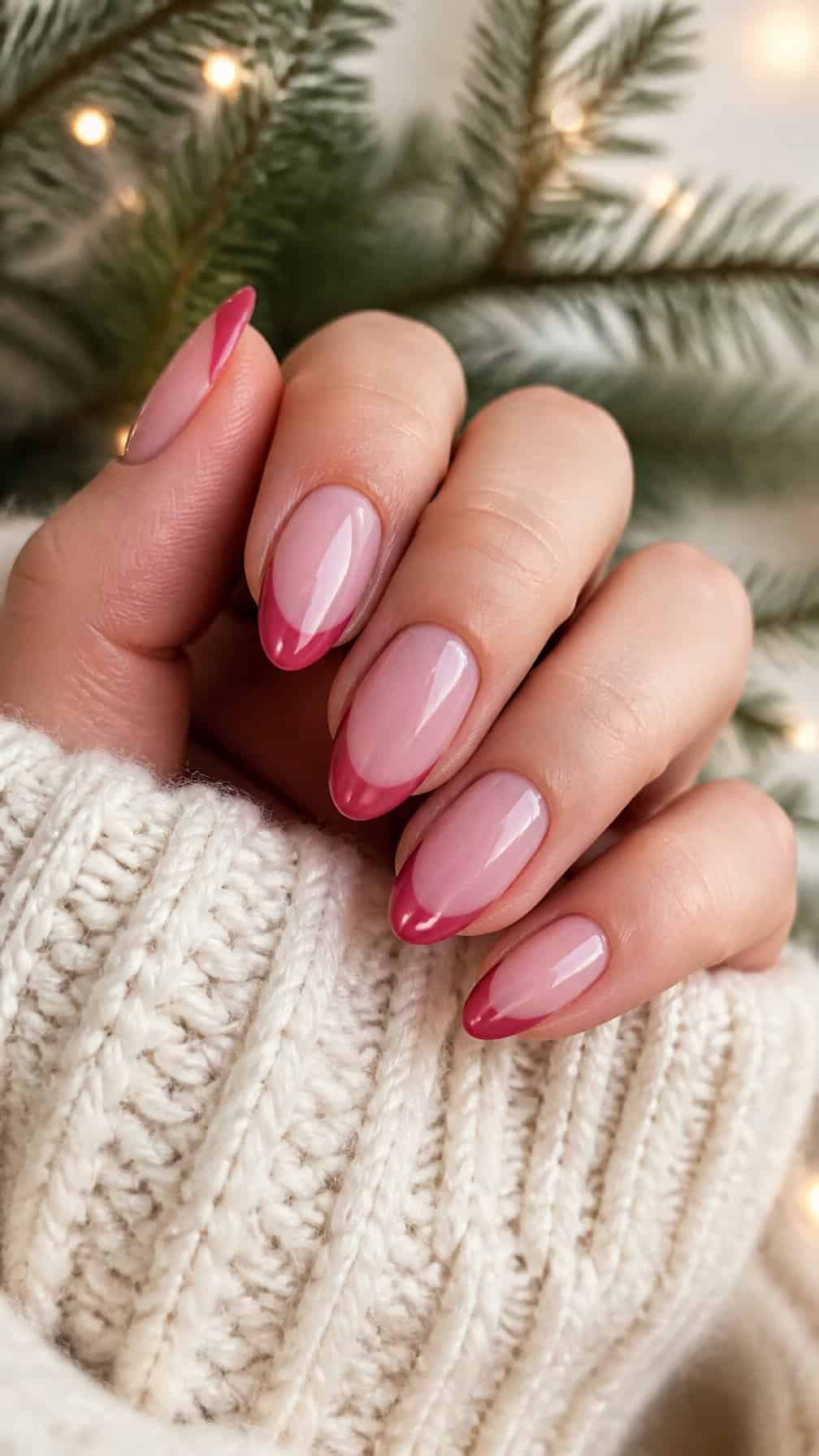 A hand with glossy berry pink French tip nails resting on cream fabric beside subtle evergreen sprigs.