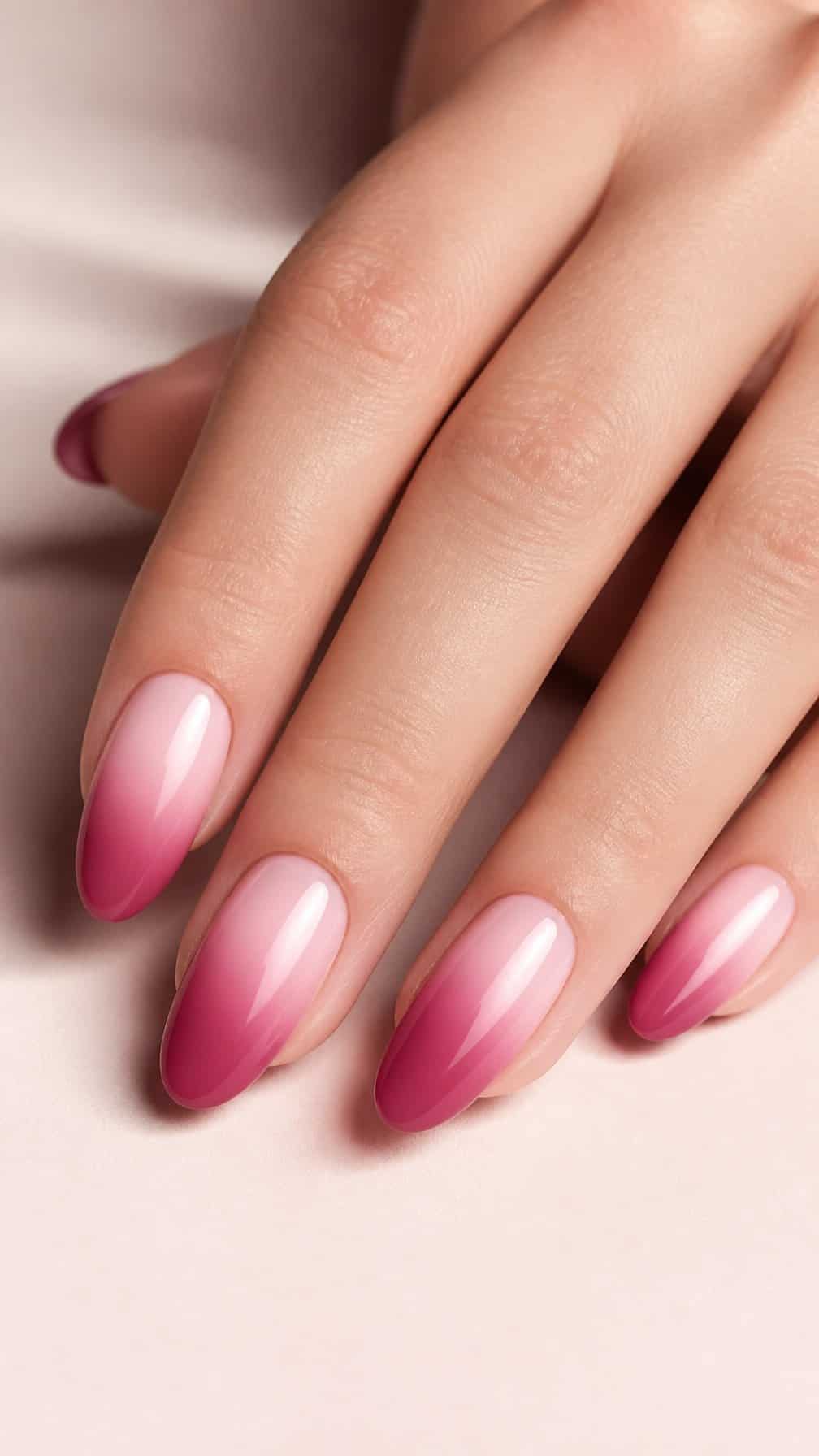 A hand with glossy almond-shaped nails fading from berry pink to pale pink.