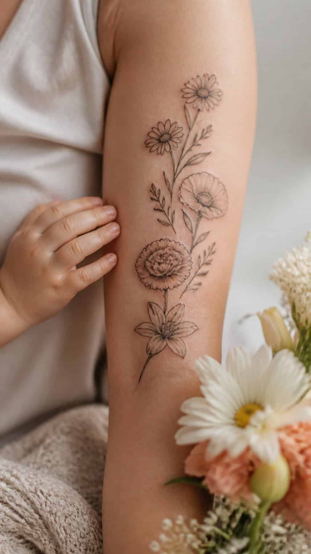 An adult’s arm with a delicate tattoo of several different birth flowers, with a child’s hand nearby.