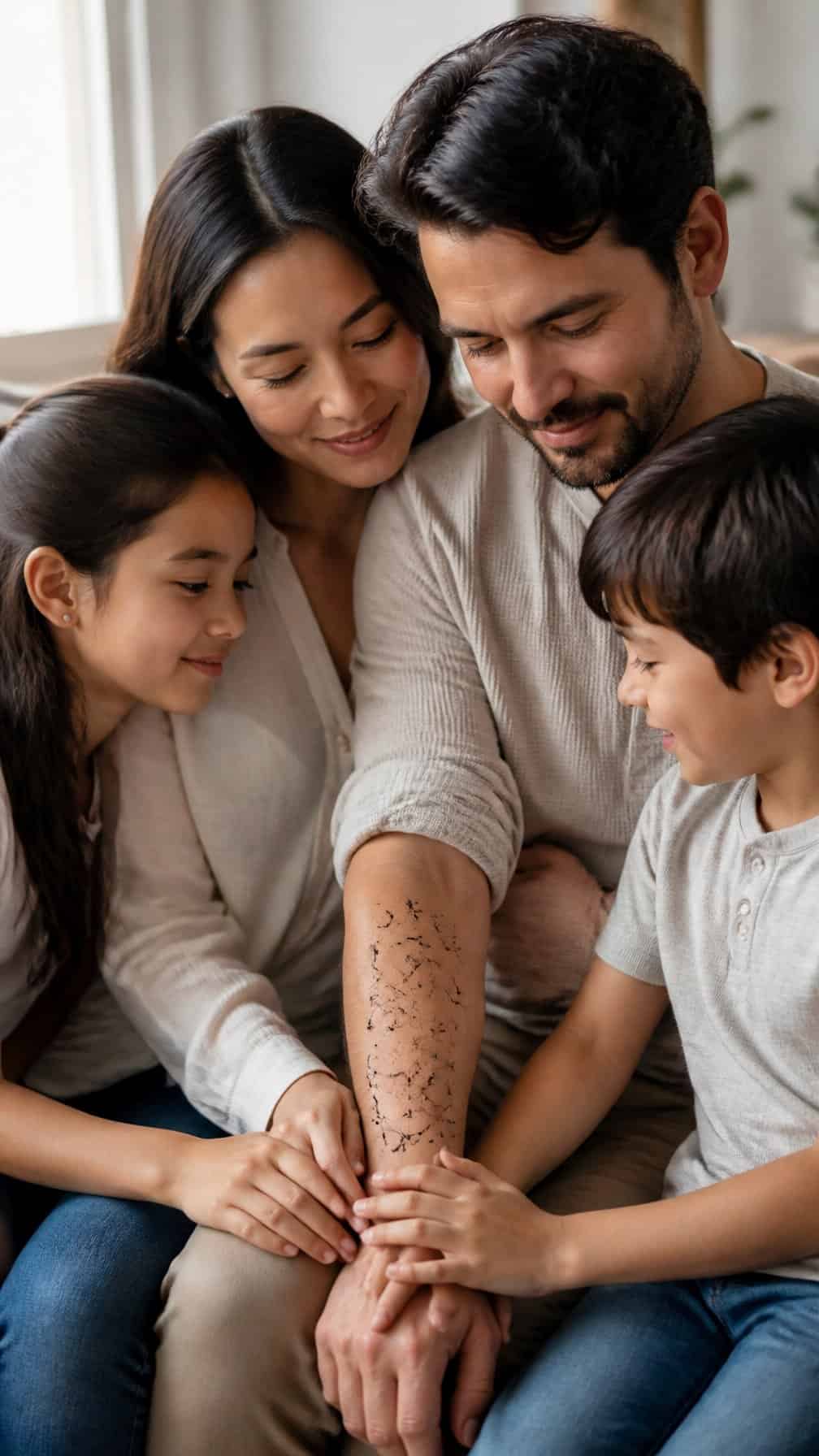 A family gathers closely while a constellation-inspired tattoo is visible on one member’s forearm.