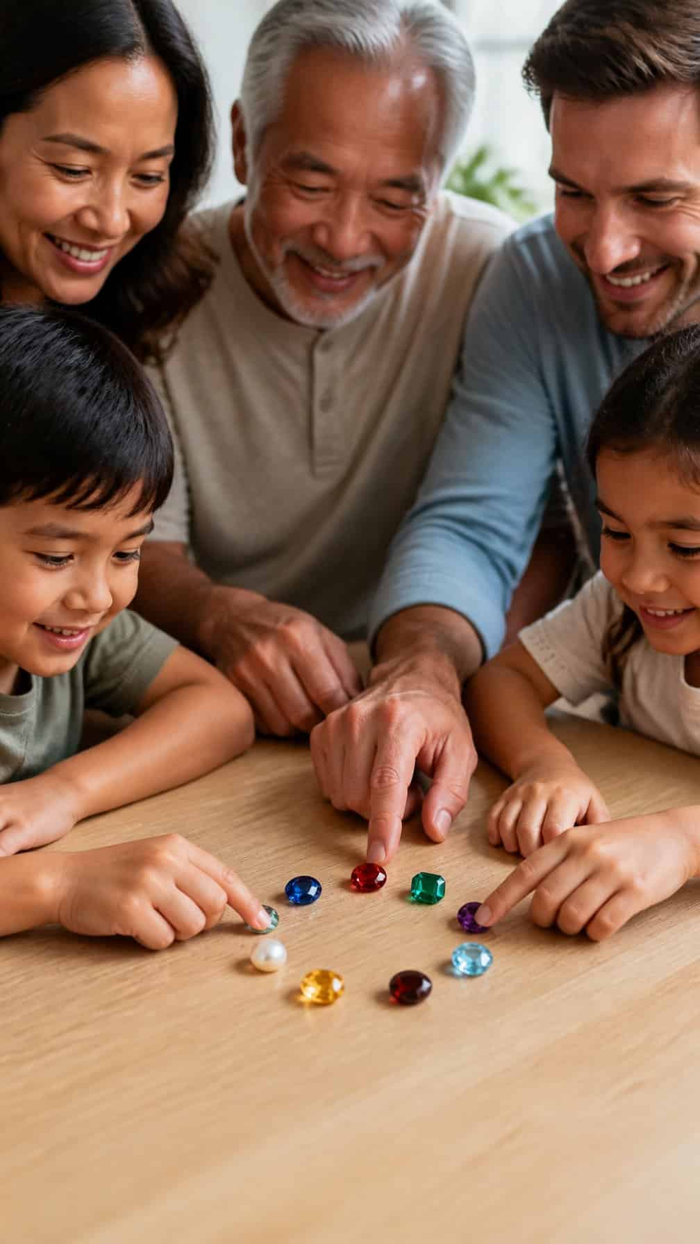 Family members arrange colorful birthstones together on a table.
