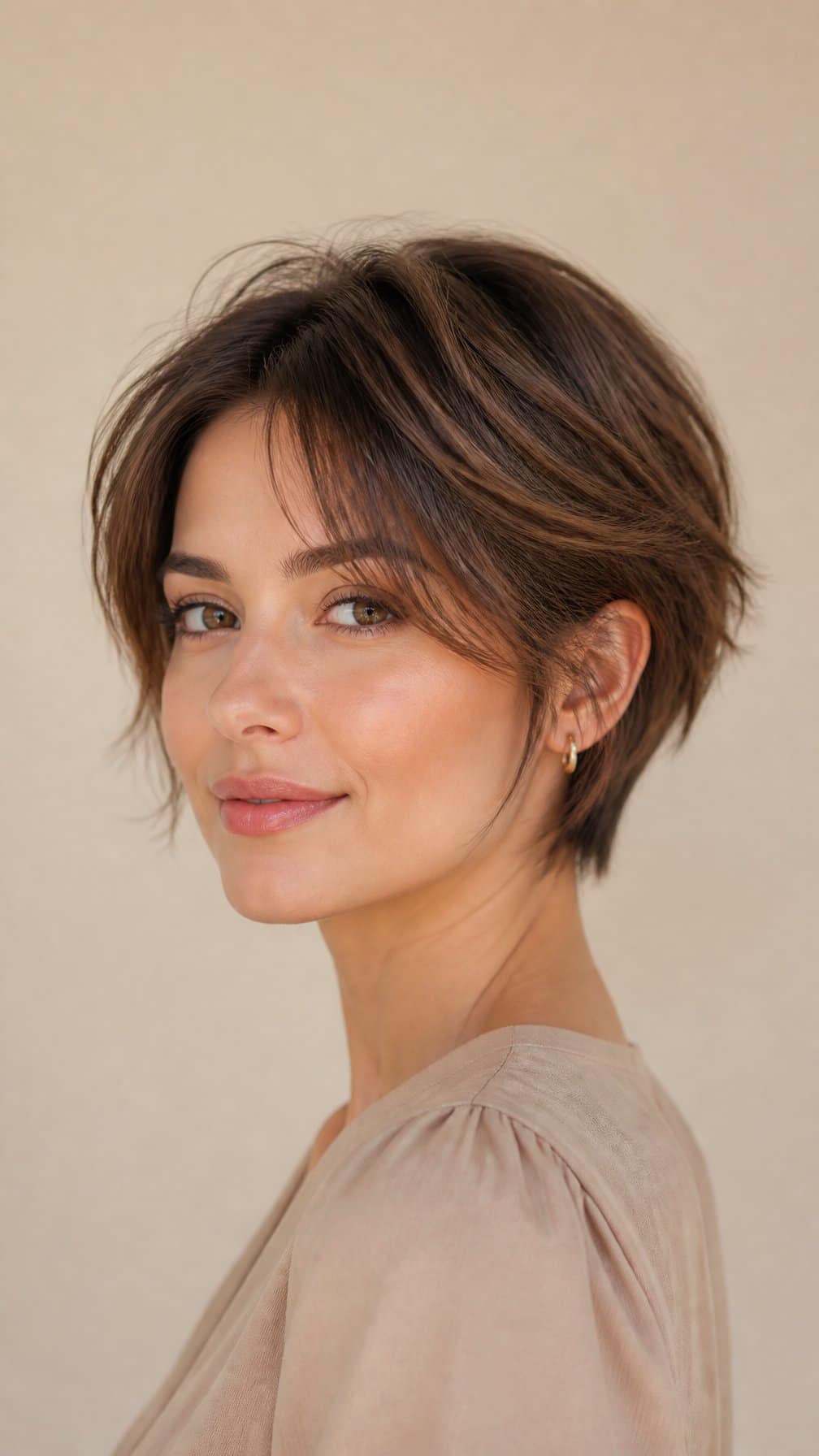 Woman with a short layered bixie bob haircut posing against a neutral background.