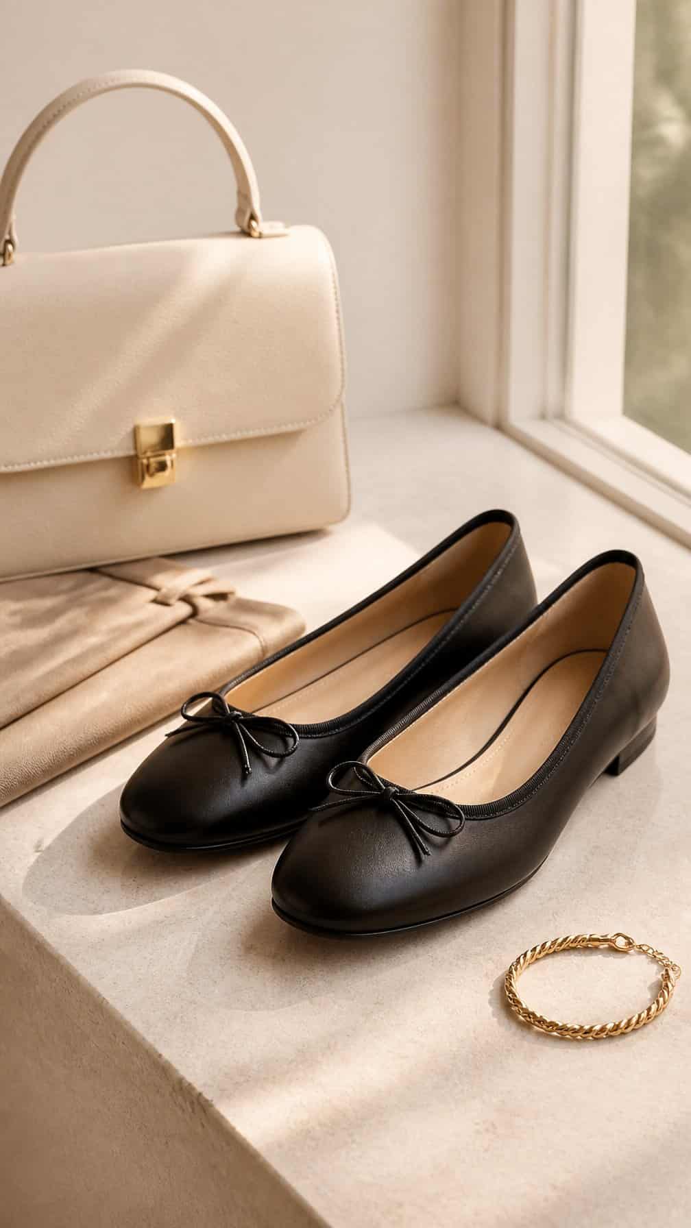 Black ballet flats arranged beside a cream handbag and folded beige trousers.