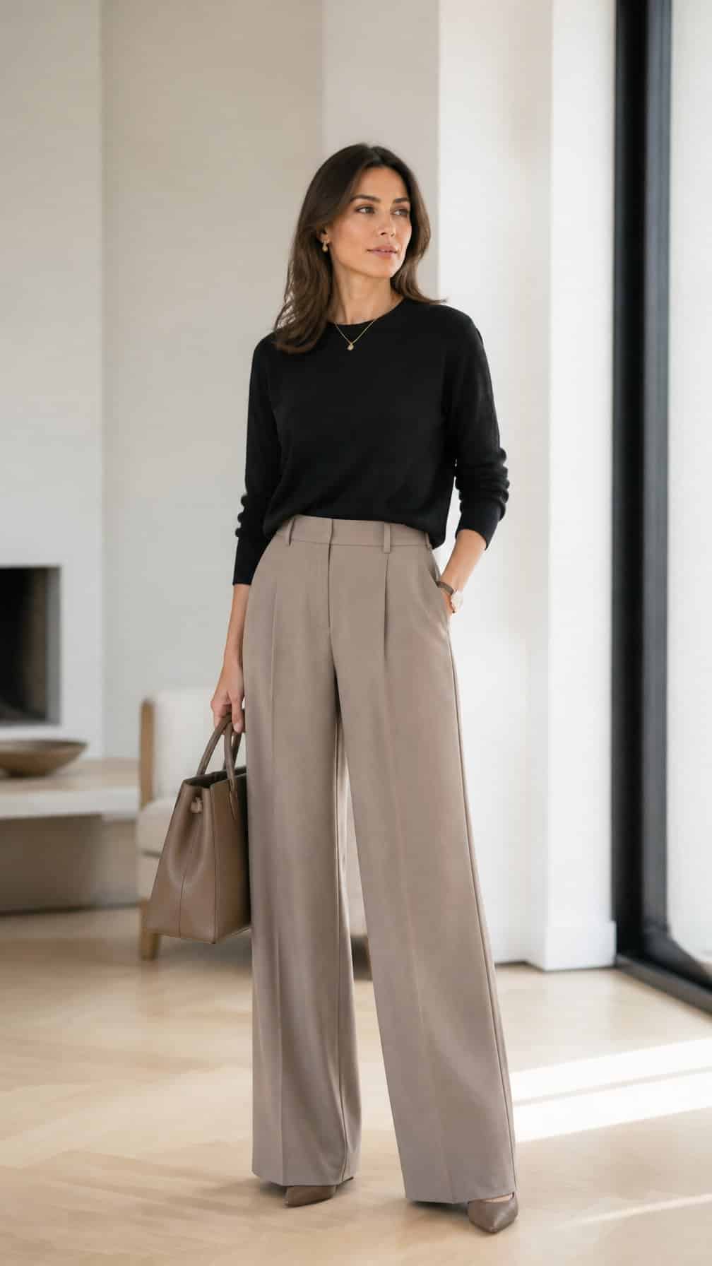 A woman wearing a black sweater and wide-leg trousers stands in a bright modern interior.