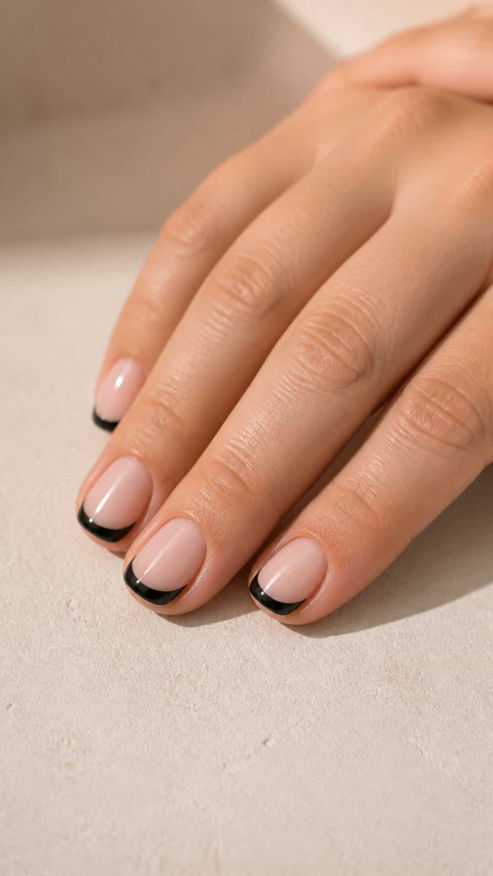 A hand with short nails featuring glossy black French tips rests on a neutral surface.
