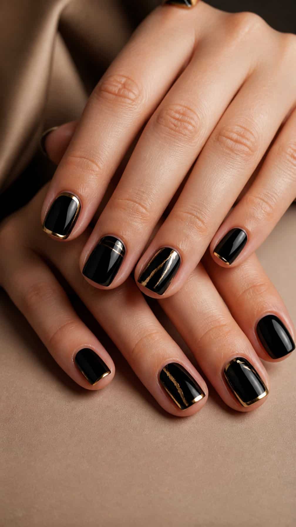 A close-up of neatly manicured short nails painted black with delicate gold accents.