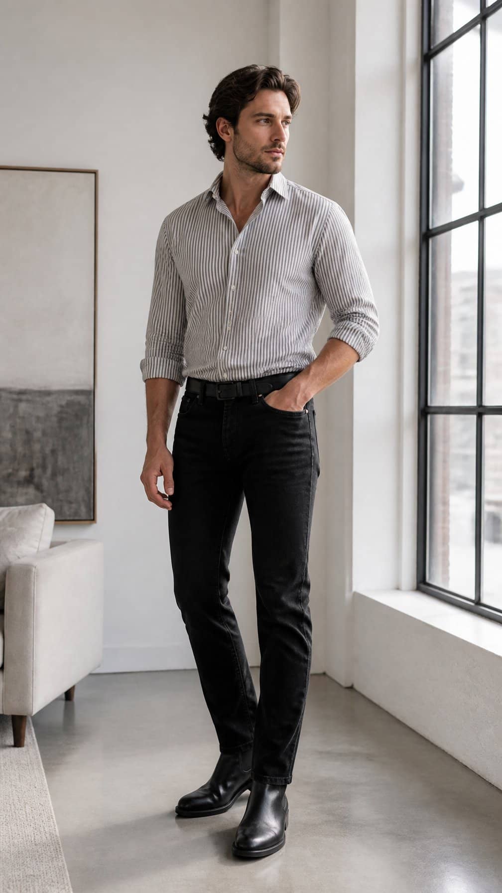 A person wearing black jeans, a tucked-in striped shirt, and Chelsea boots stands in a bright minimalist room.