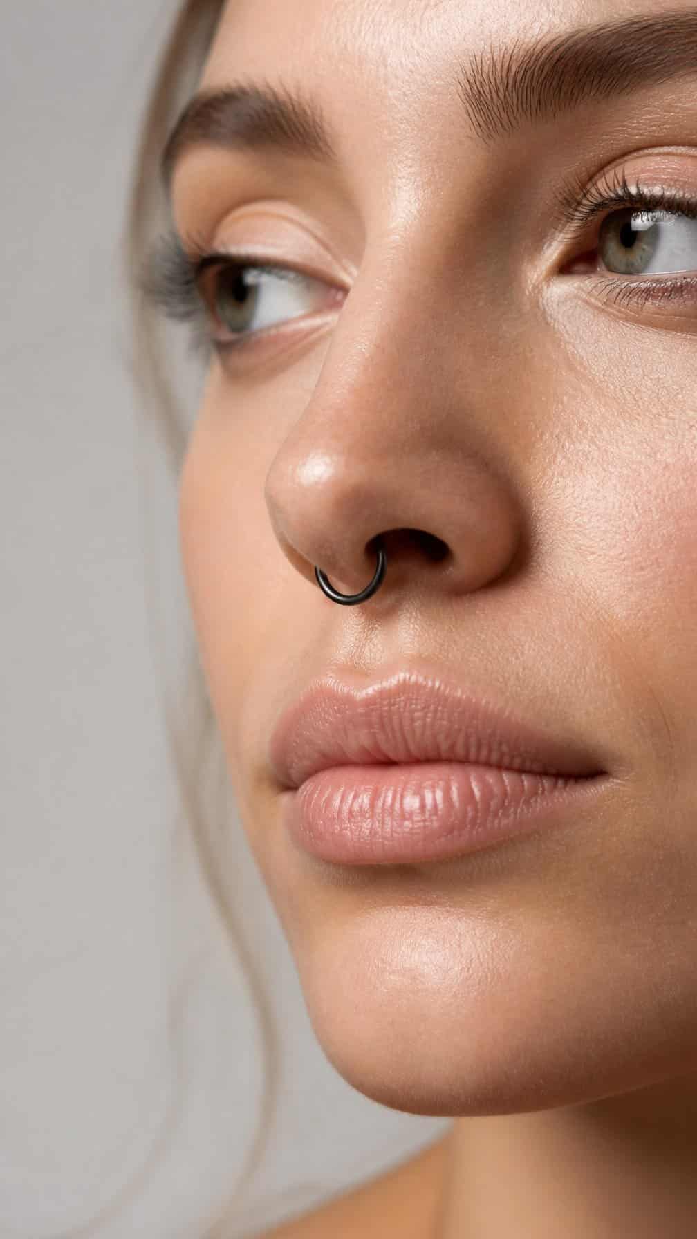 Close-up portrait of a person wearing a small black septum ring.
