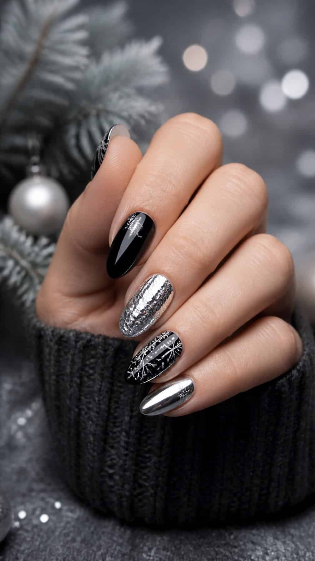 A hand with elegant black and silver winter-themed nail art against a softly blurred seasonal background.
