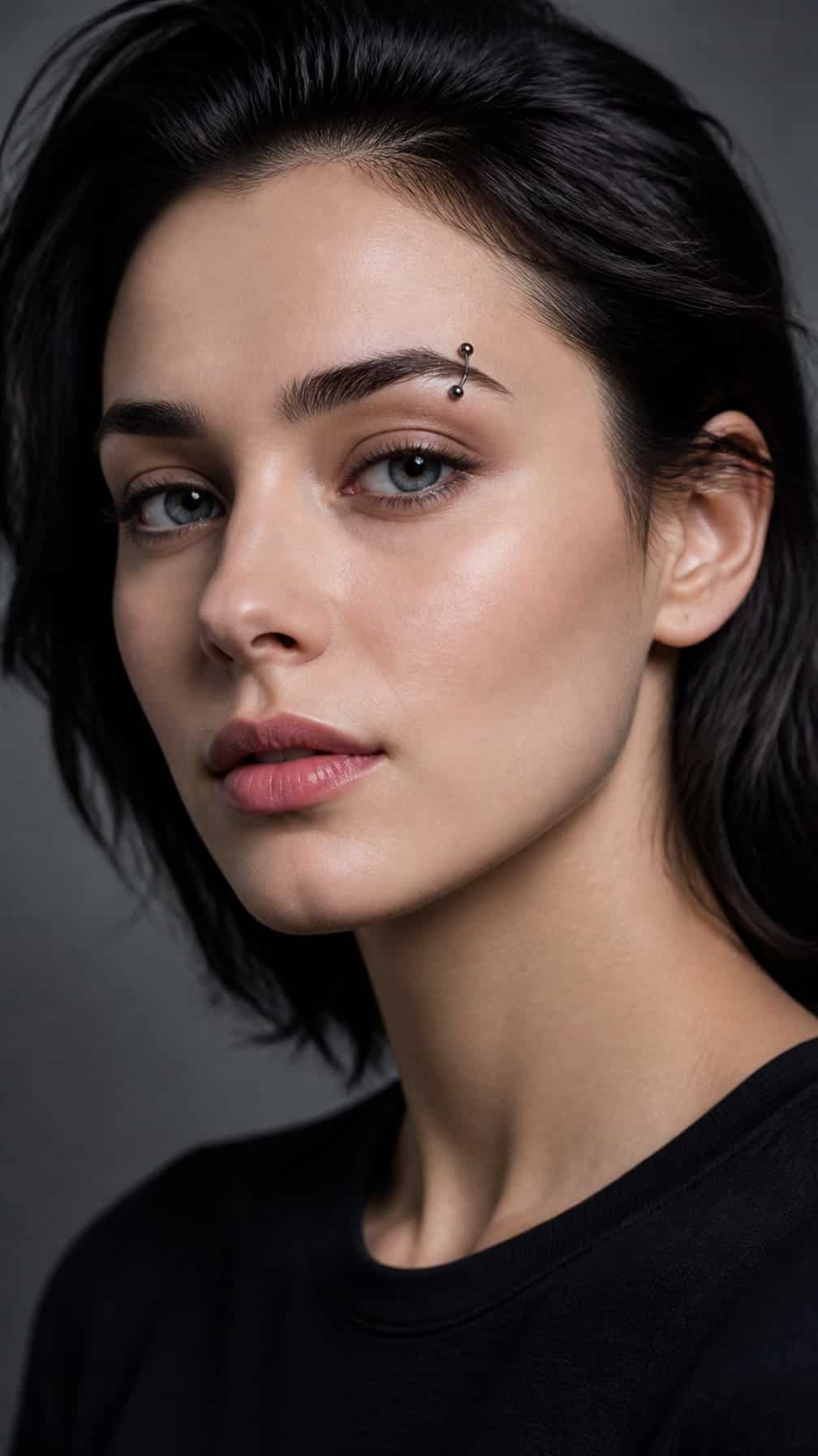 Close-up portrait of a person wearing a black eyebrow piercing.