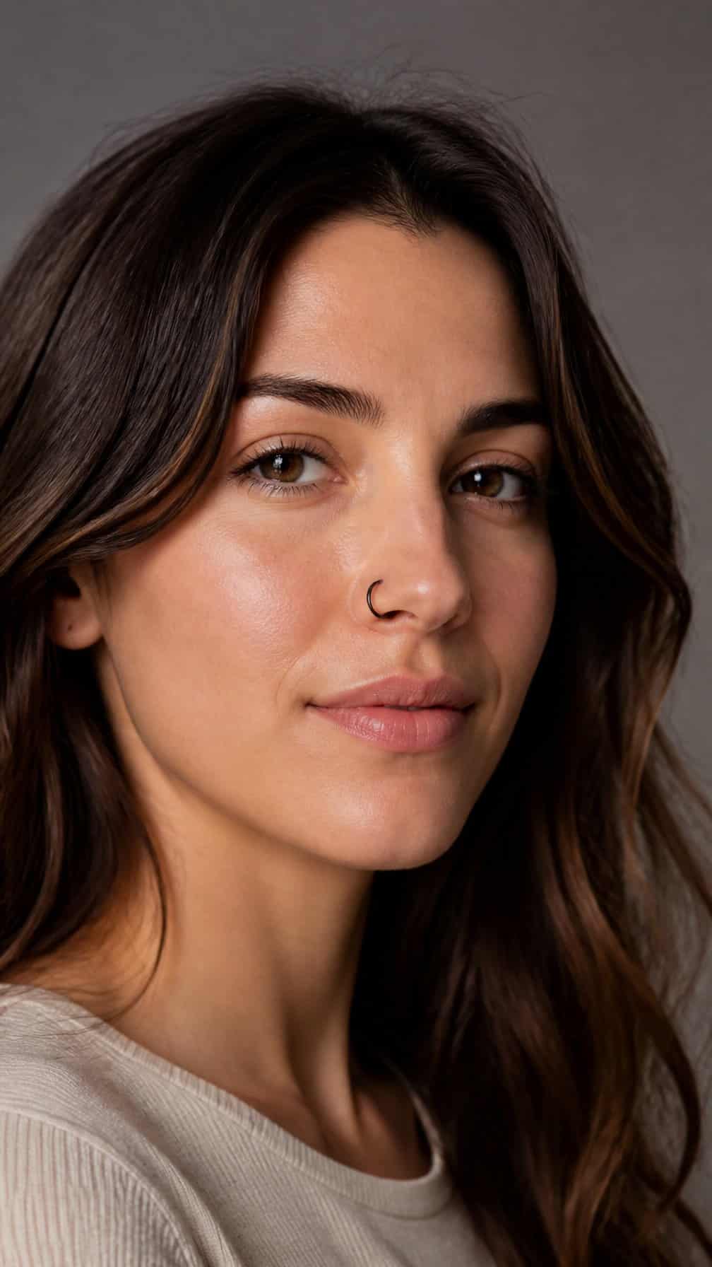 Close-up portrait of an adult wearing a black titanium hoop in one nostril.