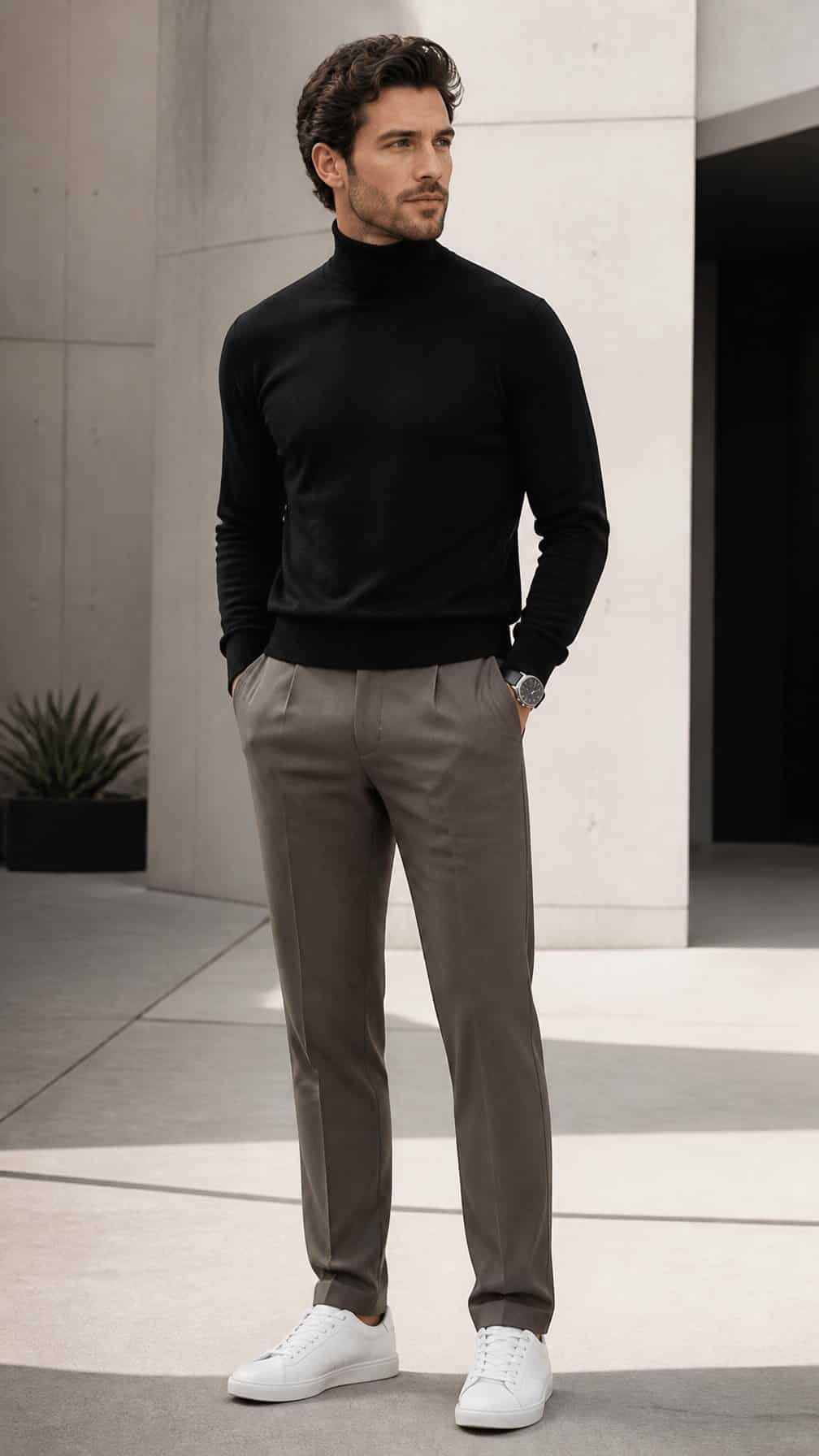 A person wearing a black turtleneck, straight-leg trousers, and sleek sneakers stands in a modern urban setting.