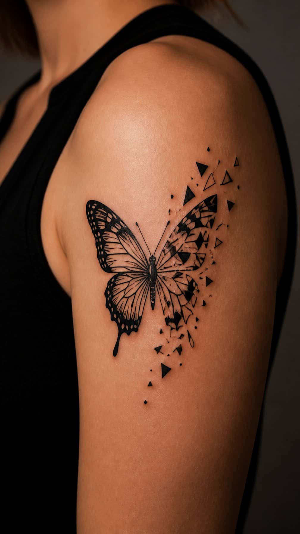 A black butterfly tattoo on a shoulder dissolves into geometric fragments.
