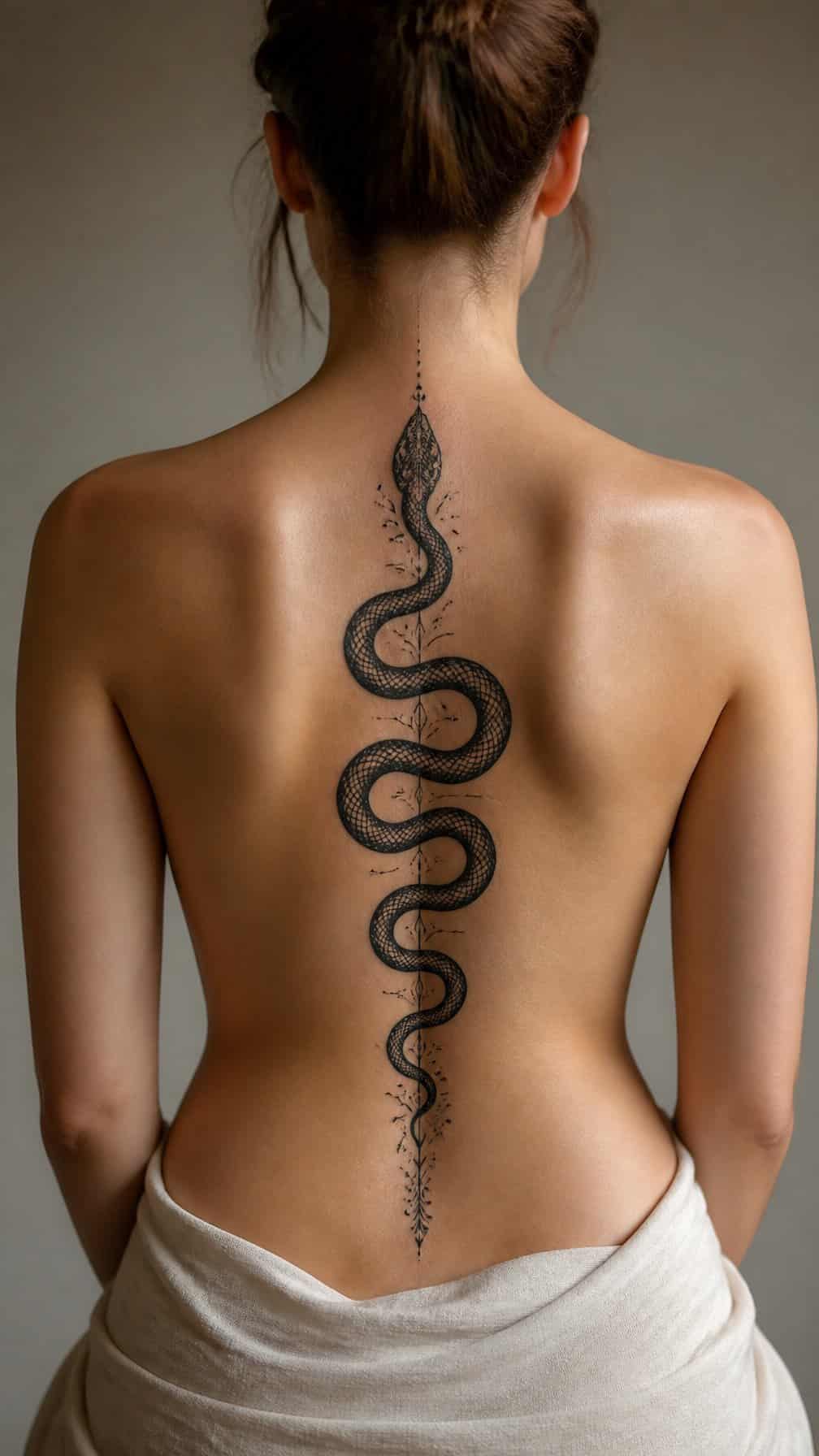 A person displays a black serpent tattoo running vertically along their spine.