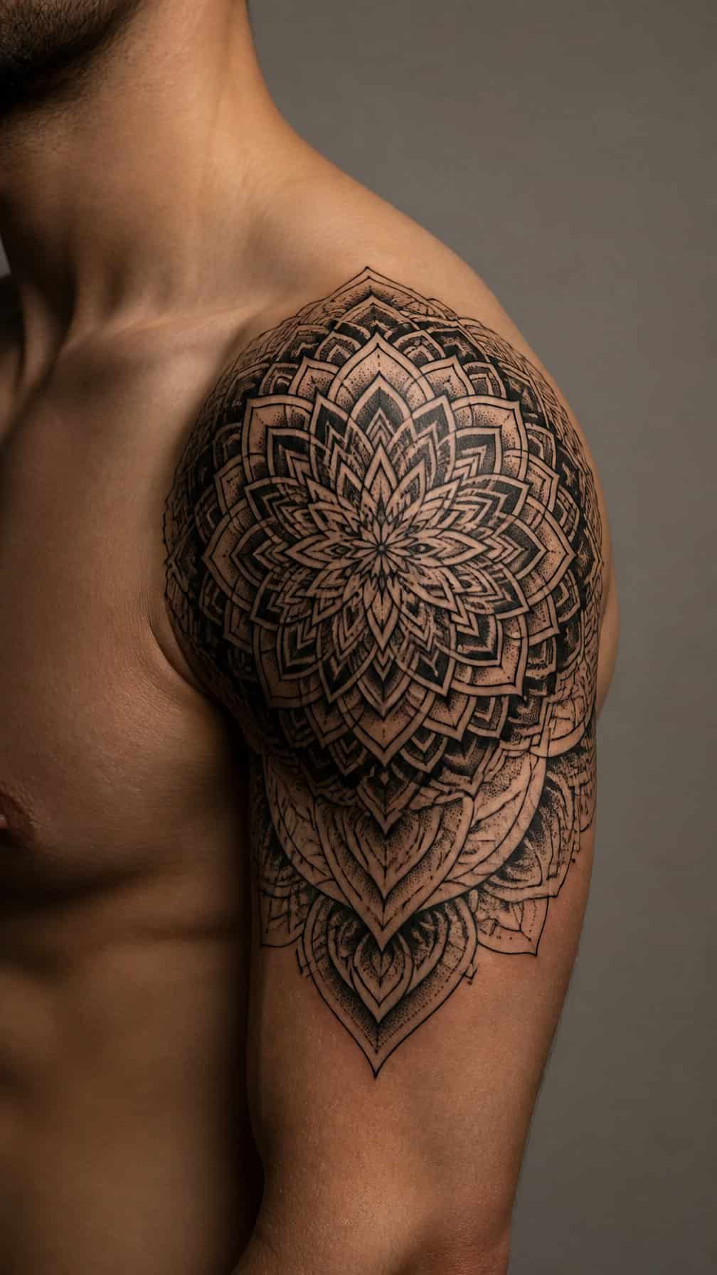 Close-up of an upper arm with a symmetrical black mandala tattoo covering the shoulder.