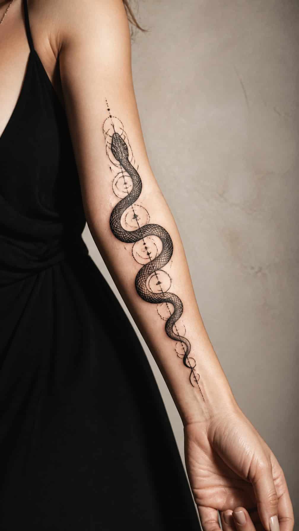 A woman’s forearm displaying a black snake tattoo.