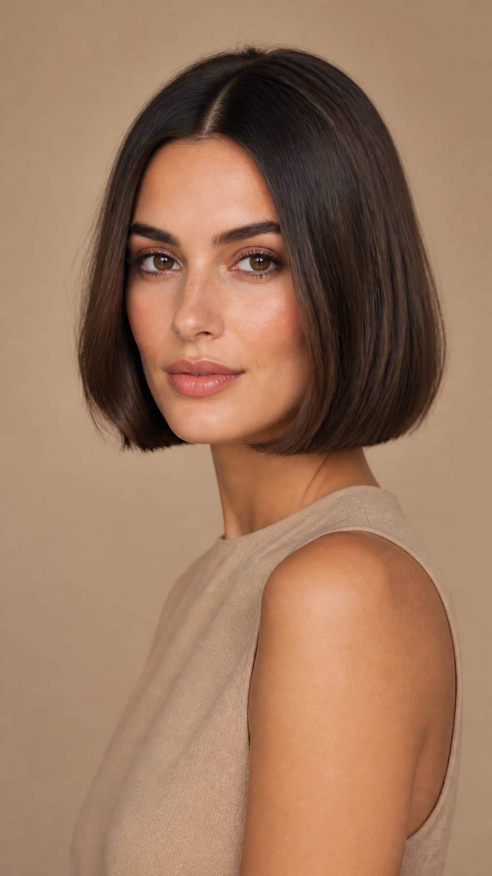 Woman with a sleek chin-length blunt bob haircut posing against a neutral background.