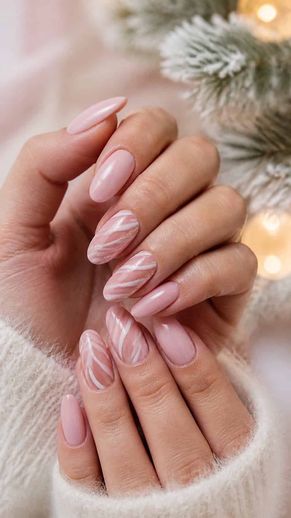 A hand with blush pink nails decorated with white candy cane stripes.
