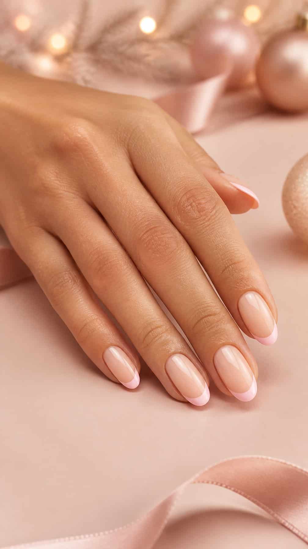 A hand with a soft blush pink French tip manicure resting against a pale pink background.